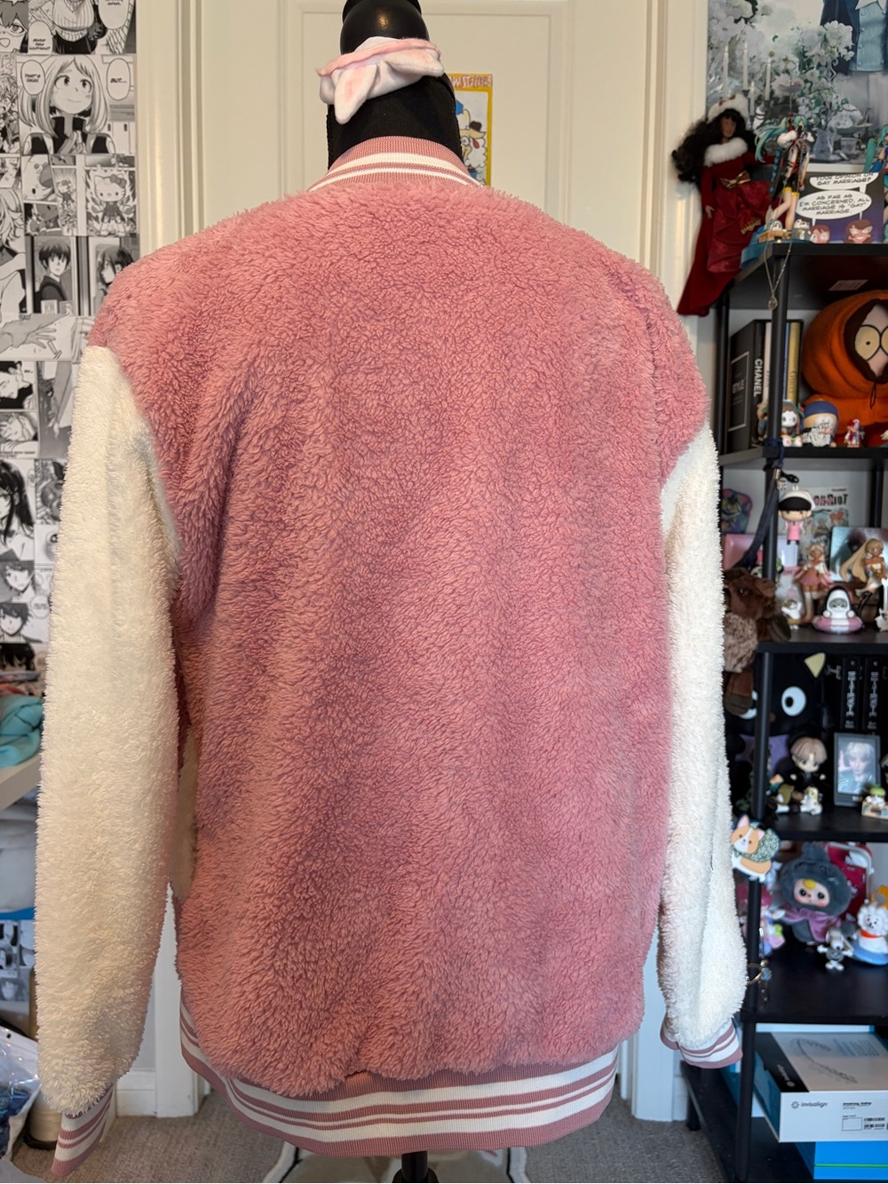 Pink Sherpa Varsity Jacket with White Sleeves - Picture 3 of 3